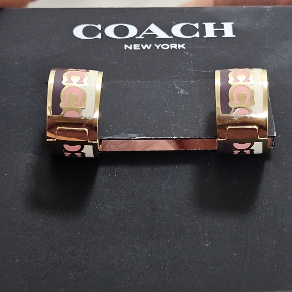 COACH NEW YORK GOLD ENAMEL PURPLE & PINK ENAMEL HOOP EARRINGS $85 - Picture 7 of 12